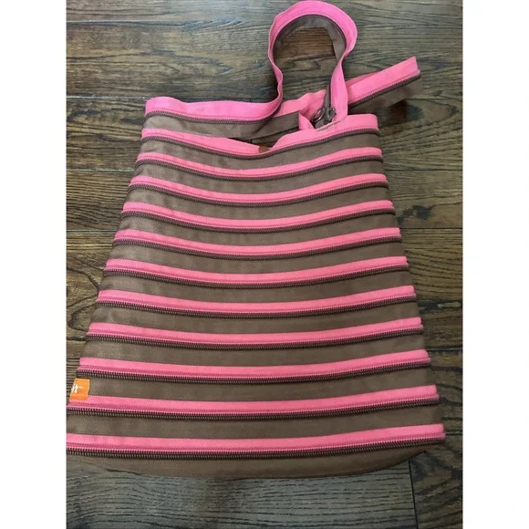 ZIP IT Tote Purse Bag One Long Zipper Handle Pink Brown Zipit‎ Zipper Satchel - Picture 3 of 7